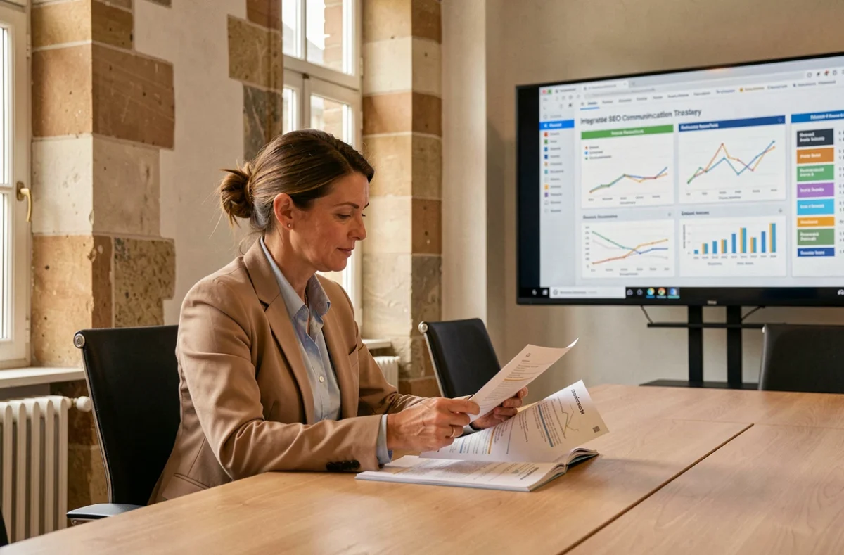 Stratège SEO et communication globale de l'agence Prospectiv à Colmar présentant une stratégie intégrée de référencement et de communication de marque dans une salle de réunion élégante