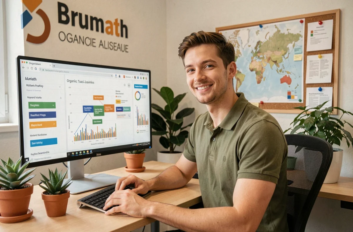 Spécialiste en acquisition de trafic de l'agence Pullseo à Brumath travaillant sur des graphiques de trafic organique et des analyses de mots-clés dans un bureau chaleureux