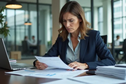Femme professionnelle examinant des factures et documents pour une réclamation de paiement auprès d'une imprimerie