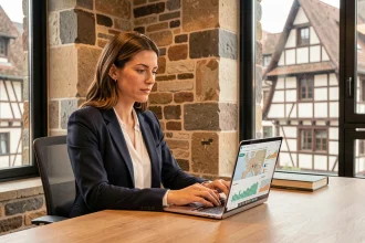 Consultante en référencement local travaillant sur une stratégie SEO à Strasbourg avec vue sur l'architecture alsacienne
