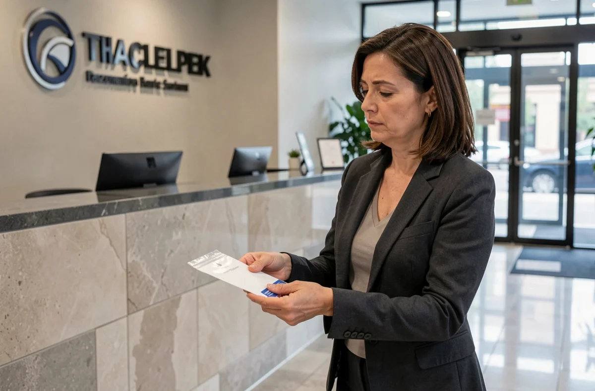 Femme remettant son badge à la réception d'une entreprise lors de la fin de son contrat CDD
