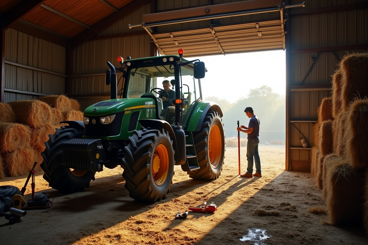 Fermeur réparant un tracteur moderne dans une grange lumineuse