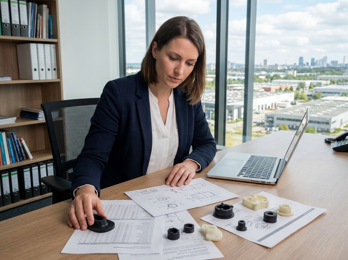 Responsable achats analysant des fiches techniques pour choisir entre des pièces en caoutchouc et en plastique