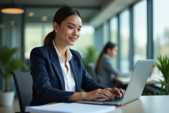 Responsable RH utilisant un logiciel de gestion du personnel sur ordinateur portable dans un bureau moderne