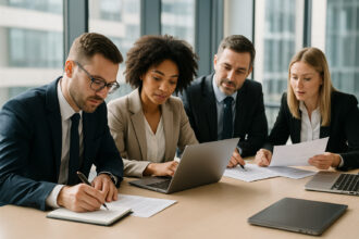Groupe de collègues en réunion dans un bureau lumineux