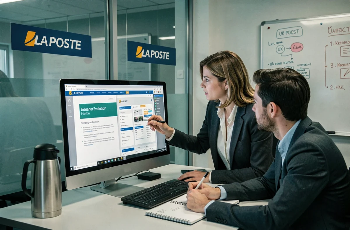 Deux collègues de La Poste analysant l'évolution de l'interface Portail-malin lors d'une réunion en salle de travail