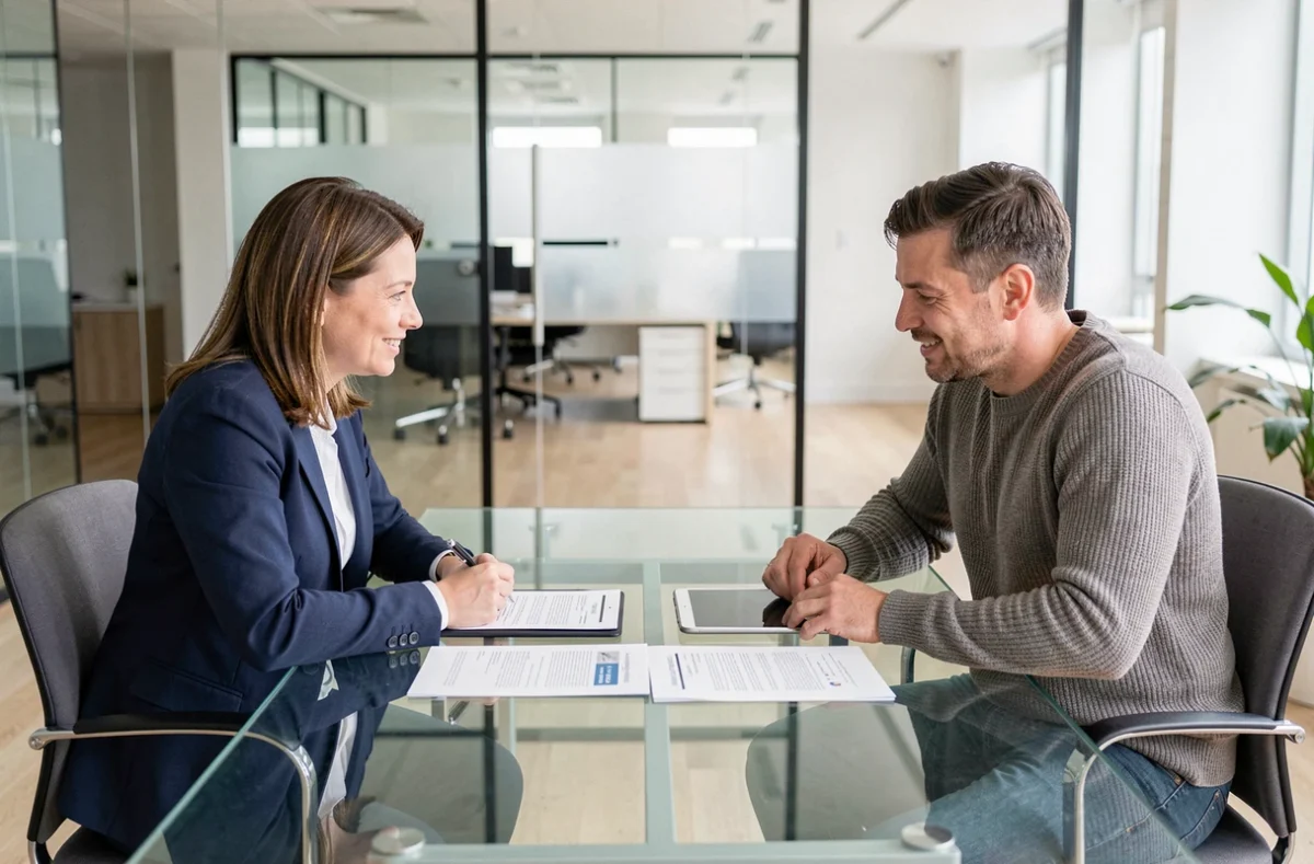 Réunion professionnelle entre un consultant indépendant et un client dans un espace de travail moderne, illustrant la relation contractuelle sécurisée du portage salarial