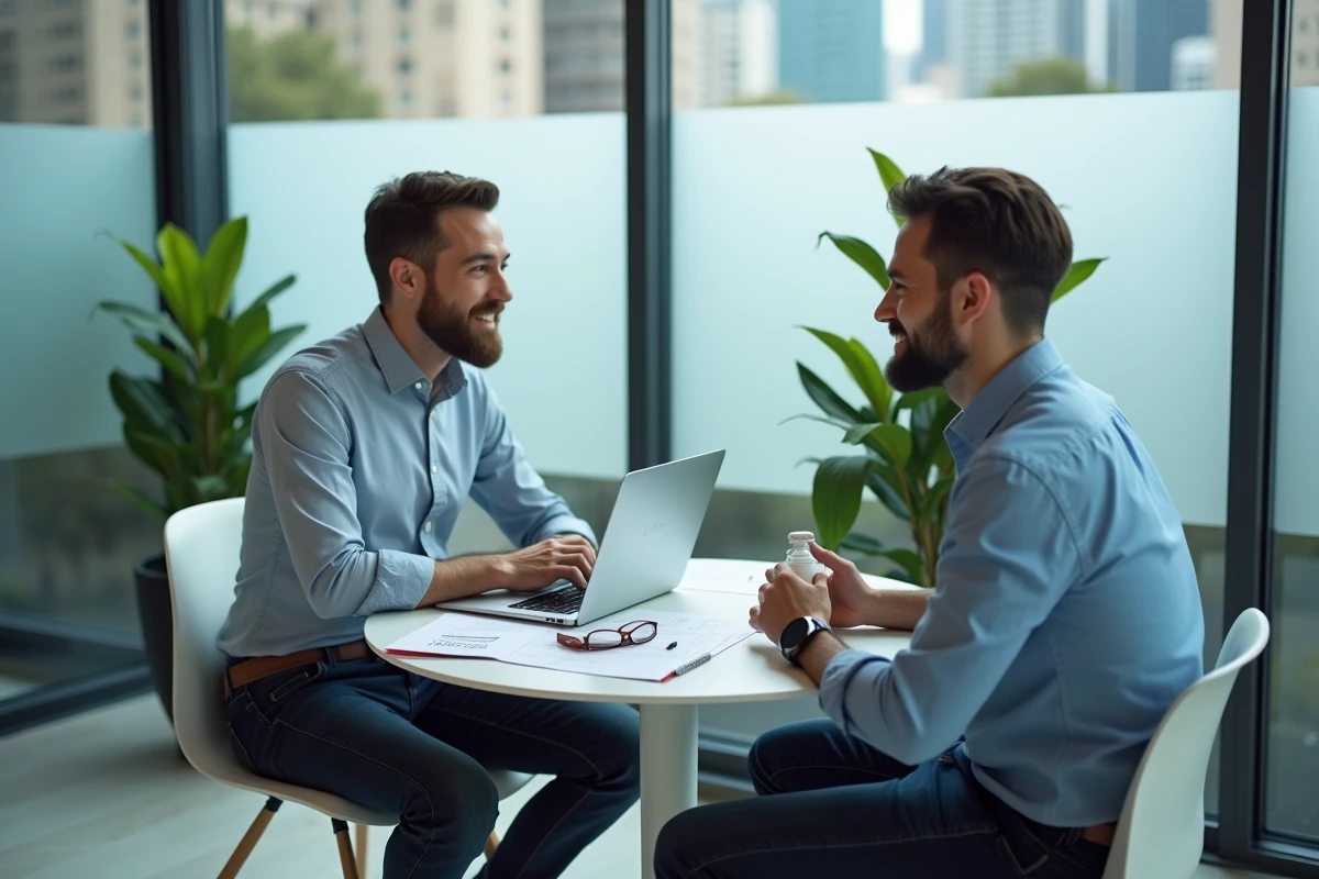 Réunion de consultation tarifaire entre un consultant GEO et son client dans une salle de réunion moderne