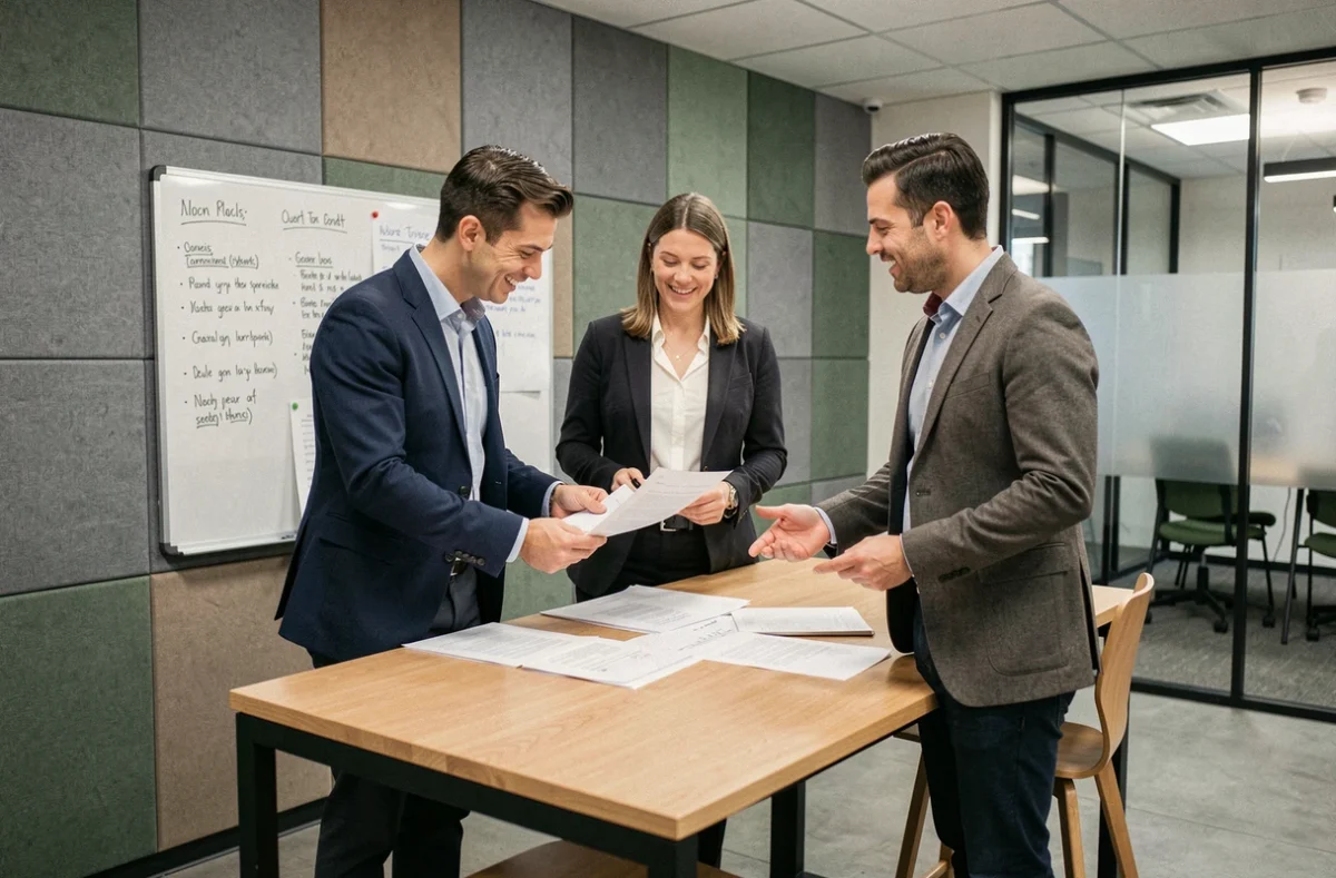 Équipe de professionnels en réunion informelle dans un espace de coworking à Meylan, autour d'une table de travail collaborative