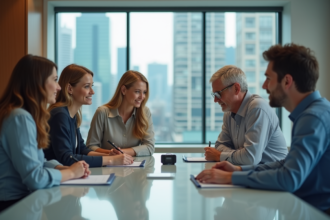 Groupe de professionnels en réunion autour d'une table moderne
