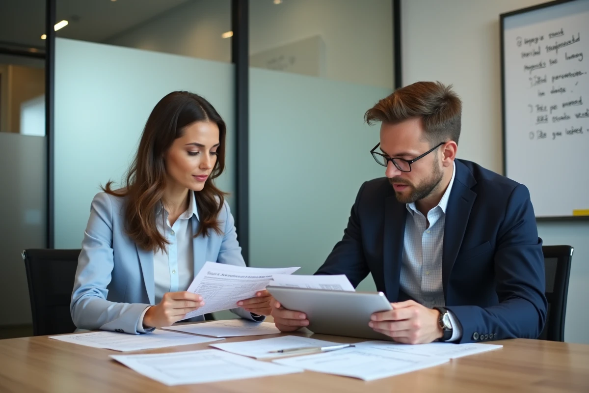 Deux professionnels RH en réunion autour de documents de gestion du personnel et d'une tablette numérique
