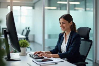 Responsable RH consultant des bulletins de paie dématérialisés sur écran dans un bureau moderne
