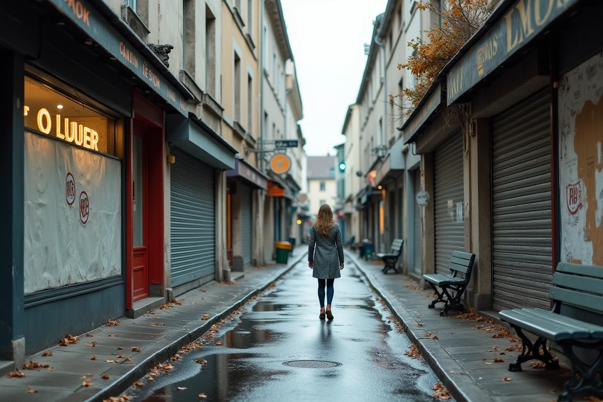 Rue piétonne déserte avec rangée de commerces fermés et panneaux à louer dans une ville française