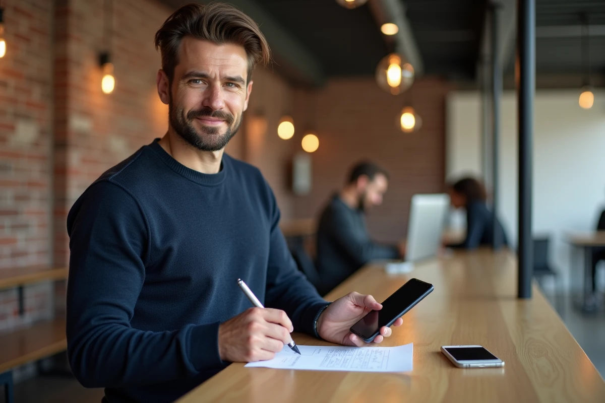 Jeune salarié remplissant un formulaire administratif pour déclarer ses heures supplémentaires dans un espace de coworking