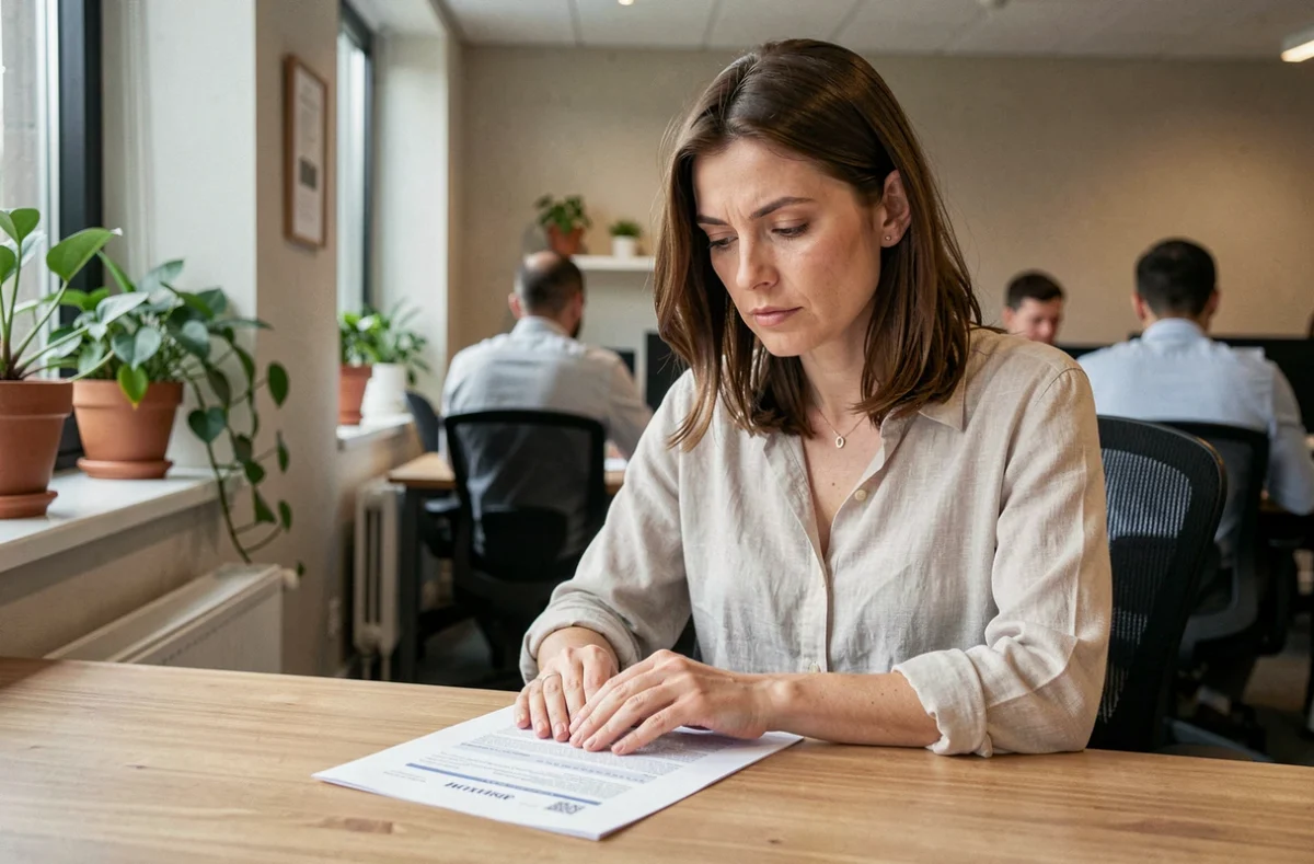 Salariée en bureau consultant son contrat de travail concernant le congé d'été obligatoire