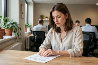 Salariée en bureau consultant son contrat de travail concernant le congé d'été obligatoire