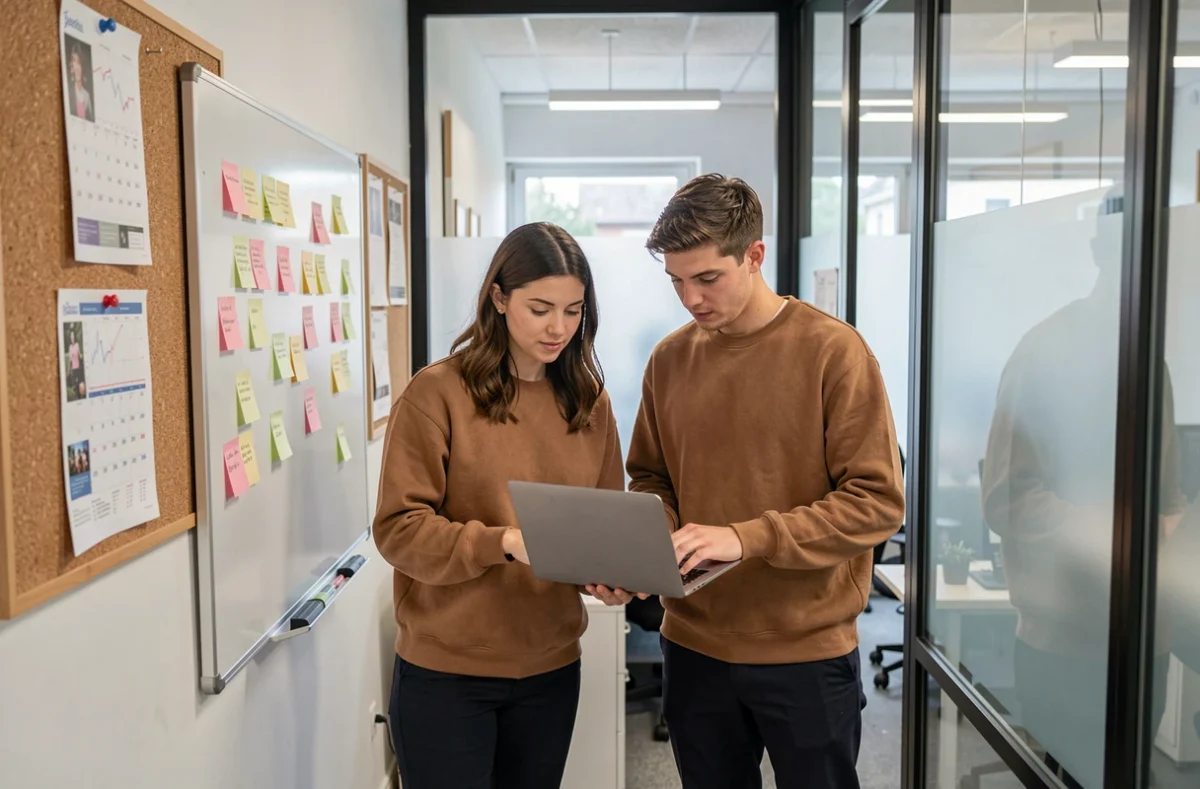 Deux jeunes professionnels en réunion dans une salle de coworking abordable à Vannes avec tableau blanc et post-its