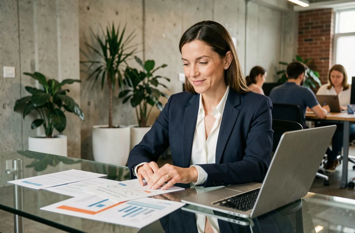 Sandra business angel en réunion avec des fondateurs de start-up autour d'une table en verre dans un espace de coworking moderne