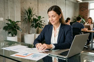 Sandra business angel en réunion avec des fondateurs de start-up autour d'une table en verre dans un espace de coworking moderne