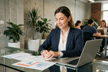 Sandra business angel en réunion avec des fondateurs de start-up autour d'une table en verre dans un espace de coworking moderne