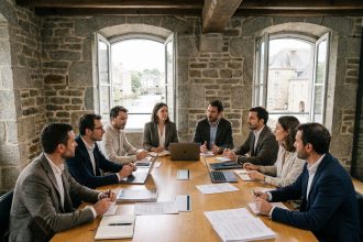 Groupe de professionnels en séminaire d'entreprise dans un bâtiment en pierre historique à Landerneau, Bretagne