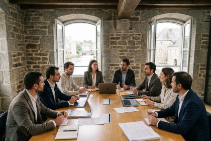 Groupe de professionnels en séminaire d'entreprise dans un bâtiment en pierre historique à Landerneau, Bretagne