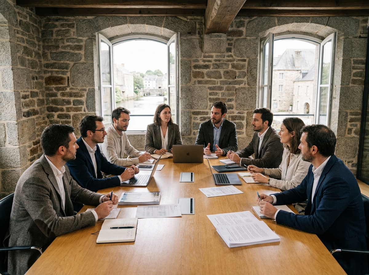 Groupe de professionnels en séminaire d'entreprise dans un bâtiment en pierre historique à Landerneau, Bretagne