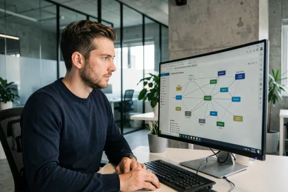 Stratège informatique analysant un diagramme de stratégie de domaine sur un grand écran dans un bureau moderne