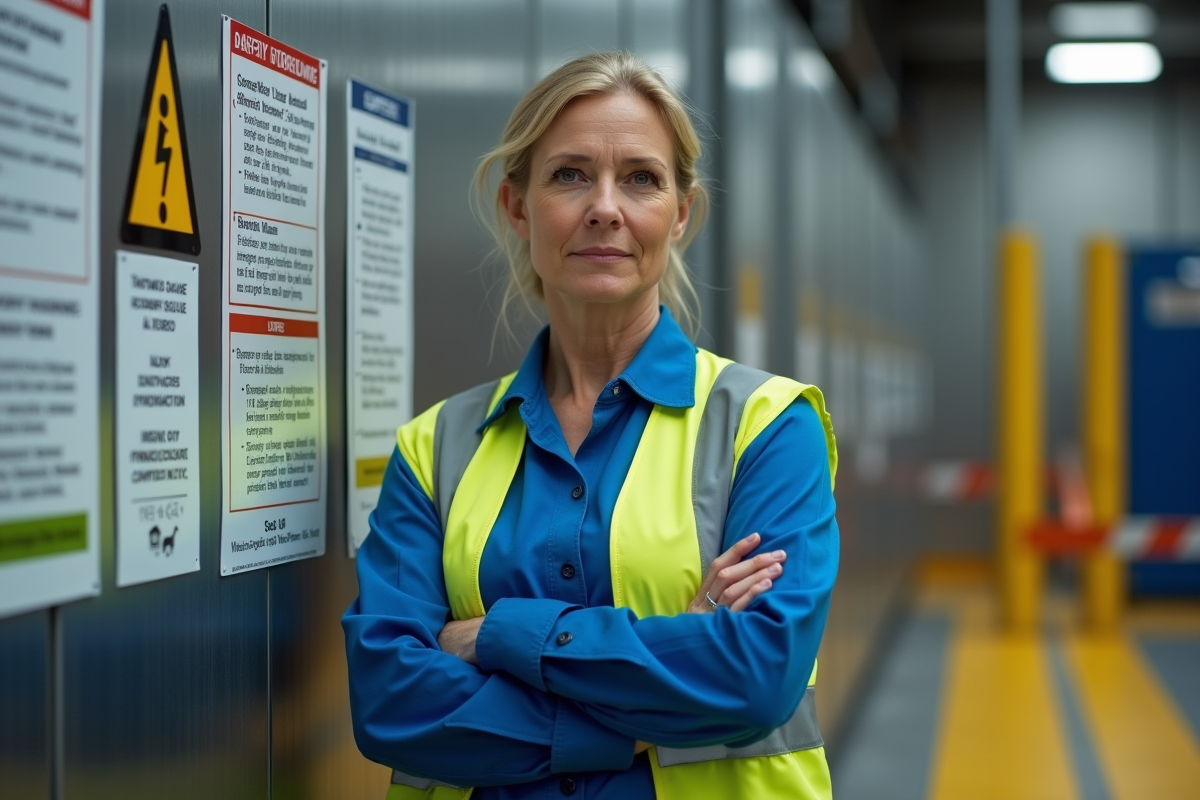 Superviseure en uniforme industriel et panneau de sécurité