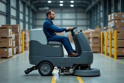 Technicien en overalls bleus utilisant un nettoyeur industriel