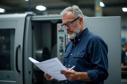 Technicien homme contrôle une checklist près d'une machine CNC