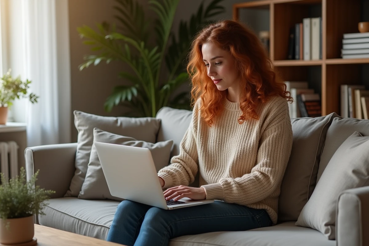 Jeune femme en télétravail saisissant ses heures de travail dans un tableur sur son ordinateur portable
