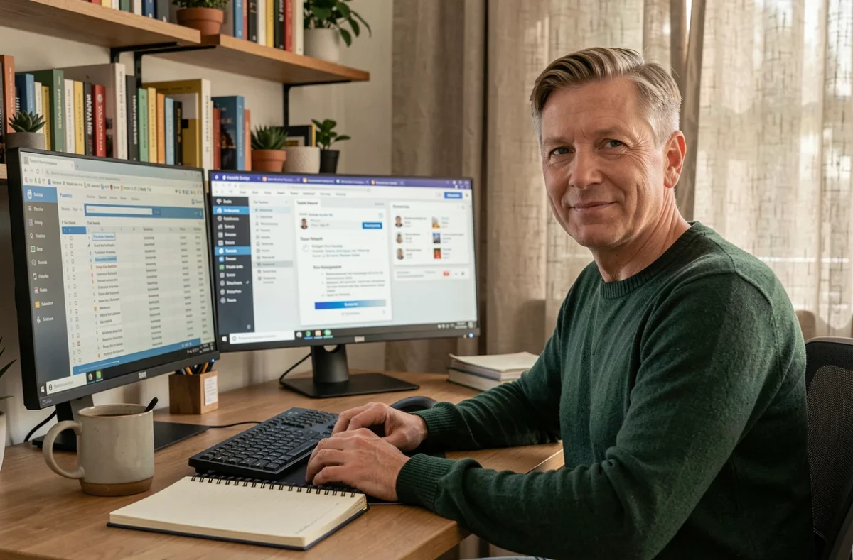 Freelance en télétravail gérant son activité via une plateforme de portage salarial depuis son bureau à domicile