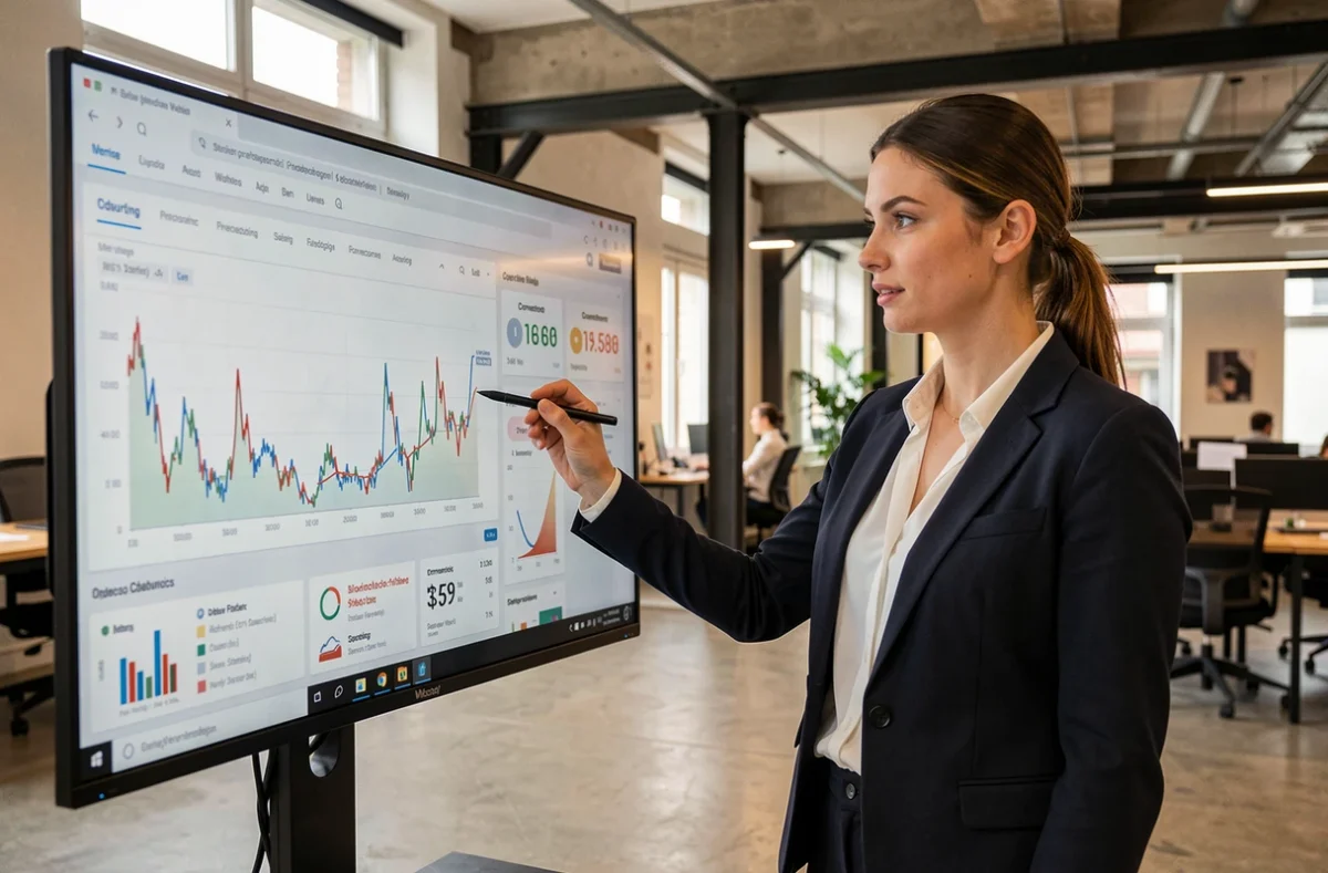 Consultante en performance digitale de l'agence Tiz à Strasbourg analysant des données de trafic web sur un grand écran dans un espace de co-working contemporain