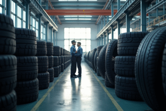 Usine moderne de pneus avec ouvriers inspectant des pneus neufs