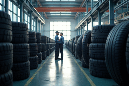Usine moderne de pneus avec ouvriers inspectant des pneus neufs