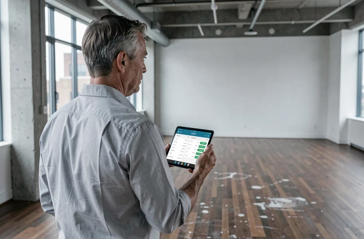 Homme visitant un espace de bureau vide disponible à la location, comparant les prix sur une tablette numérique